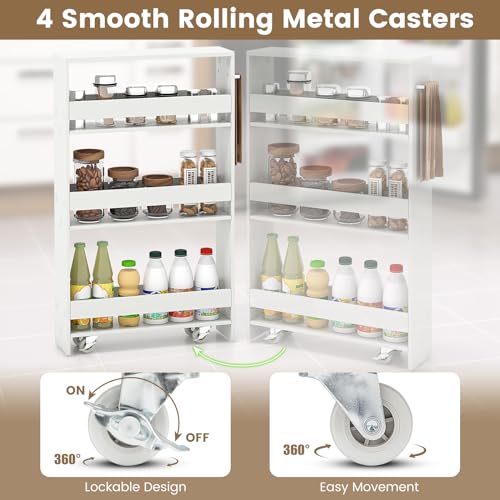 COSTWAY Slim Rolling Storage Cart, 4-Tier Rolling Utility Cart, Wood Kitchen Storage Cart with Handle & Wheels, Narrow Rolling Shelving Unit for Kitchen Bathroom Laundry Small Places (Plain White) - color: Plain White