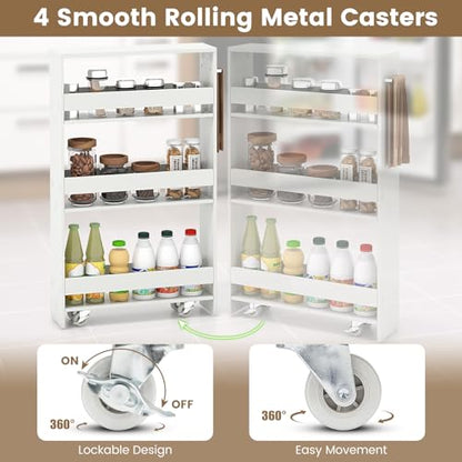 COSTWAY Slim Rolling Storage Cart, 4-Tier Rolling Utility Cart, Wood Kitchen Storage Cart with Handle & Wheels, Narrow Rolling Shelving Unit for Kitchen Bathroom Laundry Small Places (Plain White) - color: Plain White