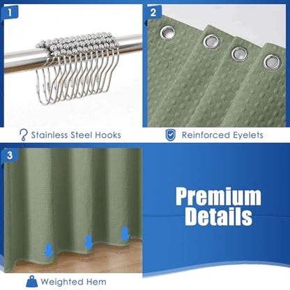 Waterproof Waffle Shower Curtain, 260GSM Heavy Duty Fabric with 12 Stainless Steel Hooks, Luxury Hotel Spa Style for Bathroom, Machine Washable, 72 x 72, Green - color: Waffle-sage Green