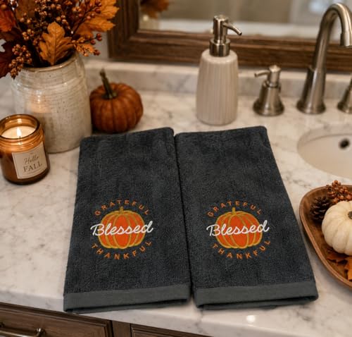 Serafina Home Harvest Fall Hand Towels for Bathroom: Plush Gray Grey Embroidered Grateful Thankful Blessed Orange Pumpkin Design for Bath, 100% Cotton, 16" x 25" Inches, Oeko-TEX Certified - color: Grateful