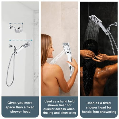 BRIGHT SHOWERS Handheld Shower Head Set High Pressure Hand Held Showerhead with 60 Inch Flexible Shower Hose and Adjustable Shower Arm Mount Bracket, 3 Spray Settings Shower Wand, Chrome - color: Chrome, size: 1.8 Gallon Per Minute