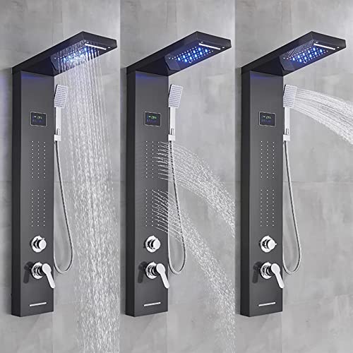 Split Shower Panel Tower System, Stainless Steel 5 in 1 Shower Column with LED Rainfall Waterfall Shower Head, Water Temperature Display and Body Jets,Black - color: Black