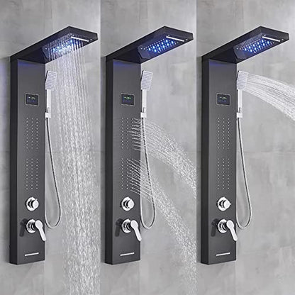 Split Shower Panel Tower System, Stainless Steel 5 in 1 Shower Column with LED Rainfall Waterfall Shower Head, Water Temperature Display and Body Jets,Black - color: Black