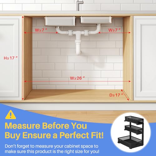 Under Sink Organizer, 3-Tier Thickened Metal Pull out Cabinet Organizer Shelf, Height Adjustable Slide out Storage Drawer Rack for Kitchen Bathroom Pantry Laundry Home Organization, 2-Pack, Black | 35% More Storage Capacity, Carbon Steel, Hold Up 55lbs, S