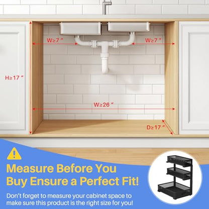 Under Sink Organizer, 3-Tier Thickened Metal Pull out Cabinet Organizer Shelf, Height Adjustable Slide out Storage Drawer Rack for Kitchen Bathroom Pantry Laundry Home Organization, 2-Pack, Black | 35% More Storage Capacity, Carbon Steel, Hold Up 55lbs, S