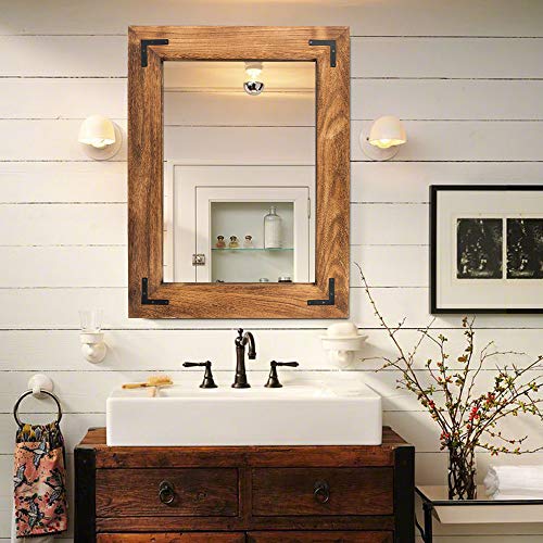 Rustic Wooden Framed Wall Mirror, Natural Wood Bathroom Vanity Mirror for Farmhouse Decor, Vertical or Horizontal Hanging, 32" x 24", Brown - color: Brown, size: 32"L x 24"W