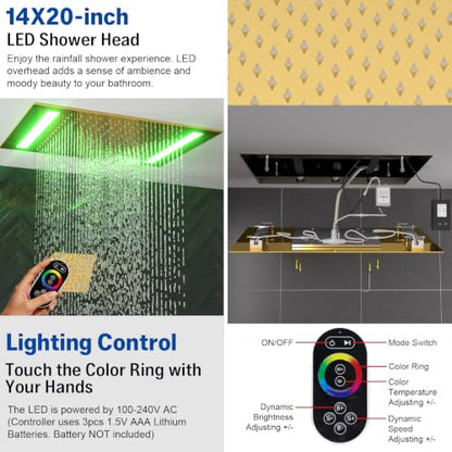 ENGA Bright Gold Dual Rain LED Shower System, 14"x20" Shower Head + 6" Wall Shower, 4 Body Jets with Individual On/Off & Adjustable Water Pressure, Rainfall Shower Faucet Set - color: Bright Gold, style: 14X20" Led Shower - Body Jets