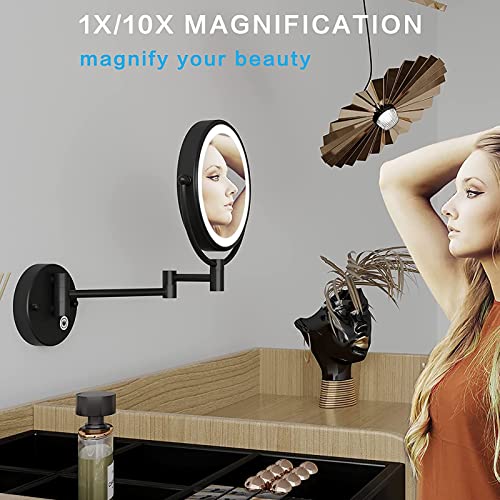 LED Makeup Mirror with Lights and 10x Magnification Vanity Mirror Wall Mounted Round Double Sided Vanity Magnifying with 360° Swivel Extendable Arm Make up Mirror,Black,Hard Wired ( Color : Black , Si