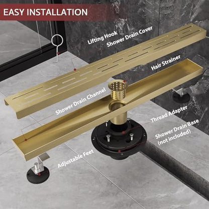 Linear Shower Drain, 24 inch Brushed Gold | Including Hair Catcher and Removable Grate, 304 Stainless Steel, Easy to Install and Clean (Drain Base Not Included) - color: Brushed Gold, size: 24 inch