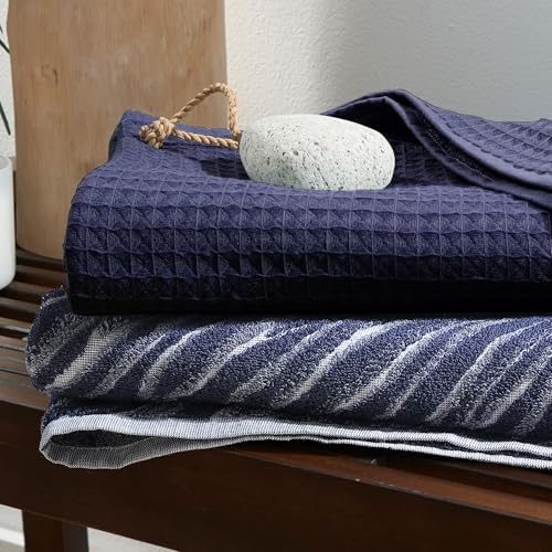 UCHINO Waffle Twist 6-Piece Cotton Towel Set Absorbent Quick Dry, Indigo - color: Indigo, size: Towel Set - 2 Bath, 2 Hand, 2 Washcloths