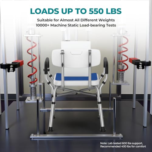 Shower Chair for Inside Shower with Arms & Back, 550 lbs, 6 Heights | Dual Crossbar Frame, Non-Slip Feet, 22-Inch EVA-Cushioned Seat, Showerhead Holder, Rust-Resistant Aluminum, Tool-Free Setup - color: Blue
