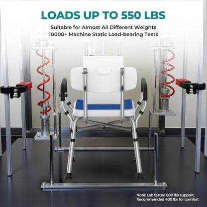 Shower Chair for Inside Shower with Arms & Back, 550 lbs, 6 Heights | Dual Crossbar Frame, Non-Slip Feet, 22-Inch EVA-Cushioned Seat, Showerhead Holder, Rust-Resistant Aluminum, Tool-Free Setup - color: Blue