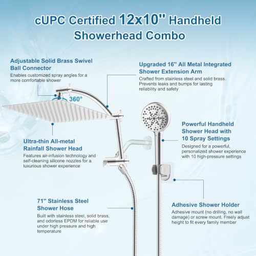 Hibbent All Metal 12" High Pressure Rain Shower Head Combo, Chrome | cUPC Certified Rainfall Shower Head with handheld 10 Sprays, 16'' Adjustable Extension Arm, 71'' Hose, Showerhead Holder - color: Chrome, style: Square 12''