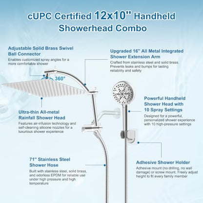 Hibbent All Metal 12" High Pressure Rain Shower Head Combo, Chrome | cUPC Certified Rainfall Shower Head with handheld 10 Sprays, 16'' Adjustable Extension Arm, 71'' Hose, Showerhead Holder - color: Chrome, style: Square 12''