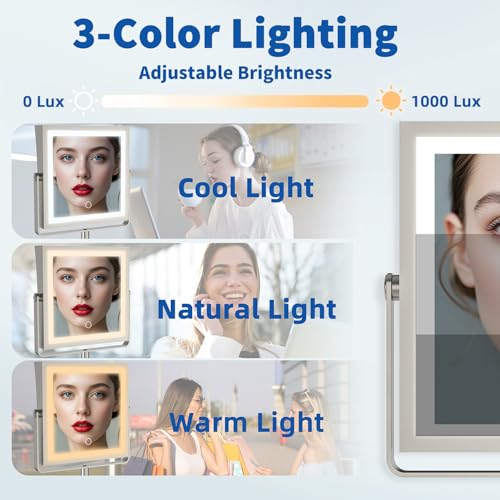 Ruacq Wall Mounted Makeup Mirror with Lights 1X/10X Brushed Nickel | 8",4000mAh Rechargeable,Magnification,3 Color,Touch Screen Dimmable,360° Rotation Extension Foldable Arm, Square, Women Gift - color: Brushed Nickel