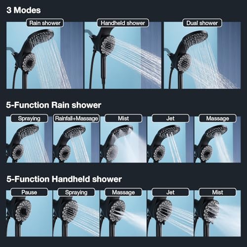 High Pressure Rain Shower Head with Handheld Spray Combo Fixed Showerhead Dual Shower Head Set 10 Sprays Detachable Hand Held Showerheads Built-in Magnetic System Matte Black - color: Matte Black