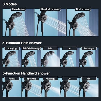 High Pressure Rain Shower Head with Handheld Spray Combo Fixed Showerhead Dual Shower Head Set 10 Sprays Detachable Hand Held Showerheads Built-in Magnetic System Matte Black - color: Matte Black