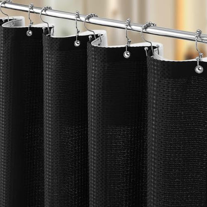 3 in 1 Shower Curtain Set, Waffle Shower Curtain and Liner Set with 12 Double Sided Shower Curtain Hooks, 258GSM Luxury Weighted Cloth Shower Curtains for Bathroom, 72 W x 72 H, Black - color: Black, size: 72"W x 72"L (Pack of 1)