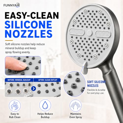 High Pressure Shower Head, Stick-on Low Mount Wall Bracket, Grey | 5 Spray Modes, Water-Saving, 360° Adjustable Bracket, For Low Water Pressure Home, RV, Bathroom, Fix Firmly Kid-Friendly - color: Gray