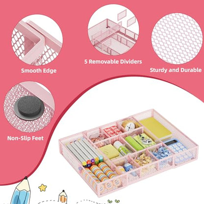 Marbrasse Expandable Desk Drawer Organizer, Mesh Tray with 10 Adjustable Compartments, Desk Organizers for Office Supplies, Makeup & Vanity (Expandable-Pink) - color: Expandable-Pink