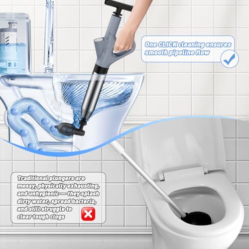 High Pressure Toilet Plunger, Heavy Duty Plunger for Bathroom(Grey) | High Pressure Air Drain Blaster Toilet Plunger with Real-Time Pressure Gauge, Heavy Duty Toilet Unclogger for Bathroom Clogs - color: Grey