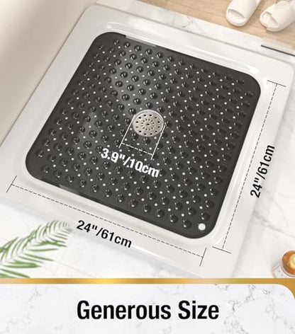 HITSLAM Square Shower Mat, Non Slip PVC Stall Mat, 24"x24", Black | Power Grip Suction Cups, Center Drain Hole, Built-In Hanging Holes, Machine Washable Bathroom Floor Mat, Soft On Feet - color: Smoked Black