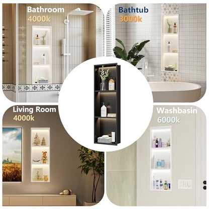 White 3-Tier 3 CCT LED Niche, 12"x36" No-Tile Shower Storage | shower niche with 3-Temperature LED Strip Light (4000K/6000K/3000K),Waterproof, Sturdy&Durable,304 Stainless Steel Wall Niche - color: White, size: 12X36In