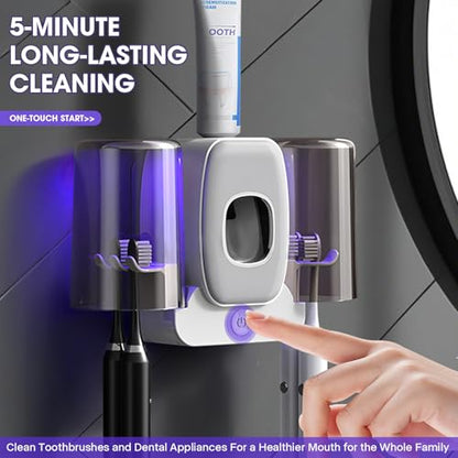 LXIANGN 3 in 1 Toothbrush Cleaner Holders,Rechargeable Wall Mounted Toothbrush Holder Toothpaste Dispenser Automatic 2 Cups Tooth Brush Holder for Bathroom, No Drilling, 4 Slots, Grey - color: Grey