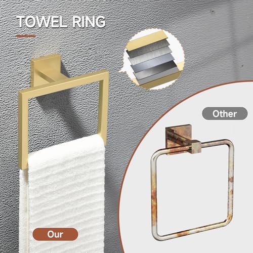 TQKAG Brushed Gold Bathroom Hardware Accessories Set 10 Pieces, 23.6" SUS304 Stainless Steel Towel Bar Set Wall Mounted Includes Single Towel Bar, Towel Ring, Toilet Paper Holder, Double Towel Hooks - color: Brushed Gold, size: 10-Pieces Set