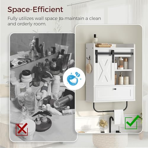 MAHANCRIS Bathroom Wall Cabinet, Farmhouse Medicine Cabinets with Sliding Door, Wall Mounted Storage Cabinet with Adjustable Shelf and Towel Bar, for Bathroom, Living Room, Kitchen, White - color: White