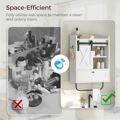 MAHANCRIS Bathroom Wall Cabinet, Farmhouse Medicine Cabinets with Sliding Door, Wall Mounted Storage Cabinet with Adjustable Shelf and Towel Bar, for Bathroom, Living Room, Kitchen, White - color: White