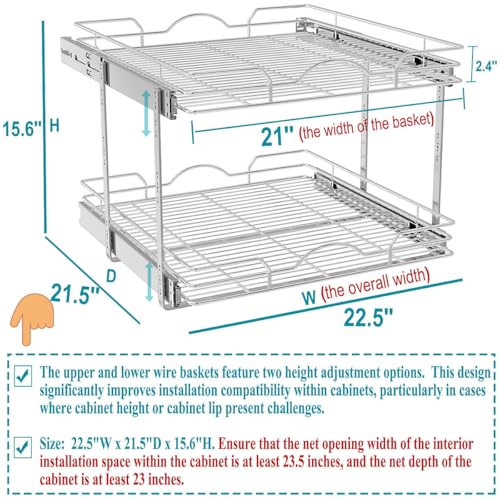 OCG 2 Tier Pull Out Cabinet Organizer (22.5" W x 21.5" D), Pull Out Drawers for Kitchen Cabinets, Pull Out Shelves for Base Cabinet Organization in Kitchen Bathroom Pantry, Chrome Finish - size: 22.5"W x 21.5"D, 2 Tier