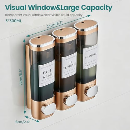 Wall Mounted Shower Soap Dispenser 3 Chamber,No Drill Shower Dispenser | Shampoo and Conditioner Dispenser for Bathroom Hotel Large Capacity, Gold - color: 3gold