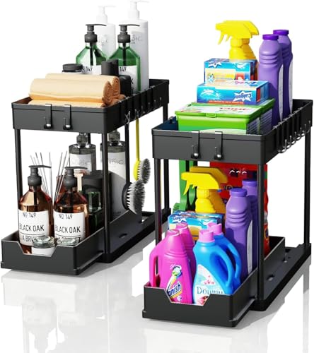 2 Pack black Under Sink Organizers and Storage, 2-Tier Sliding Cabinet Basket Organizer with Hooks, Multi-Purpose Under Sink Organizers and Storage for Bathroom Kitchen