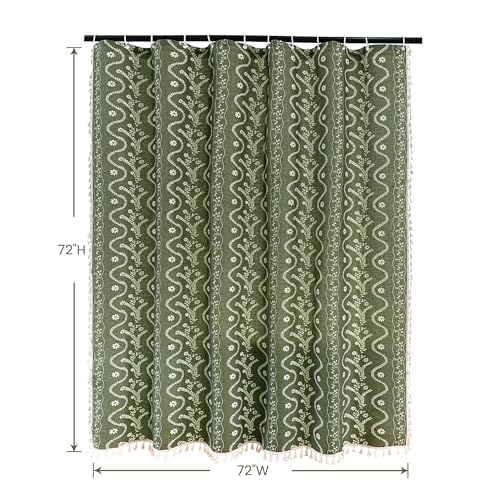 Olive Green Floral Linen Shower Curtain Set with Liner,72" Wx72 L | Double Layer Shower Curtain Waterproof Fabric with Zippered Removable PEVA Liner,Boho Shower Curtain for Bathroom,Free Hooks - color: Green Floral