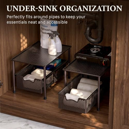 Simple Houseware Stackable Under Sink Sliding Basket Drawer, Brown | Perforated Free Standing Organizer, Kitchen/Pantry/Cabinet/Counter - color: Bronze
