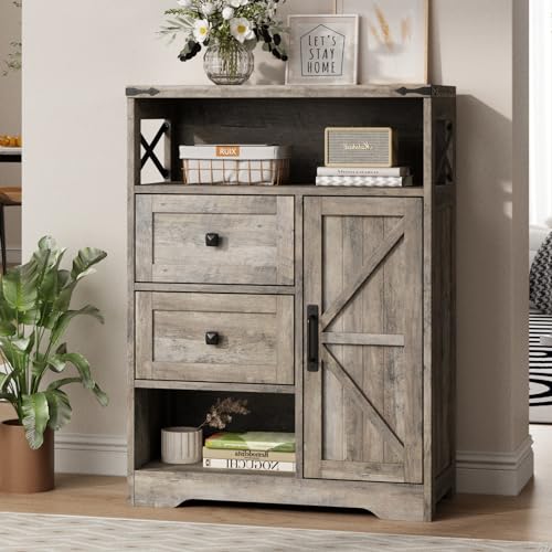 Fameill Farmhouse Storage Cabinet with 2 Drawers & Shelves,Grey | Freestanding Kitchen Cabinet with Barn Doors, Floor Storage Organization For Living Room,Bathroom,Laundry - color: Grey, size: 27.5 "L