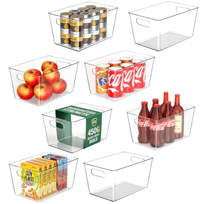 8 Pack Large Clear Plastic Storage Bins, Kitchen &Pantry Organizer | Heavy-duty 450g BPA-free PETG containers with handles for fridge, under-sink, bathroom, office, closet, and garage storage - size: 8 Large & 0 Small