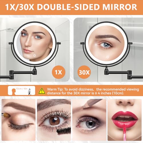 Auxmir 1X/30X Wall Mounted Makeup Mirror, 8" Rechargeable Magnifying Mirror | double-sided button, 3200mAh, 3 dimmable colors, 360° rotation, extended arm, 30X magnification, bathroom, black - color: 8'' 30x-black