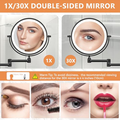Auxmir 1X/30X Wall Mounted Makeup Mirror, 8" Rechargeable Magnifying Mirror | double-sided button, 3200mAh, 3 dimmable colors, 360° rotation, extended arm, 30X magnification, bathroom, black - color: 8'' 30x-black