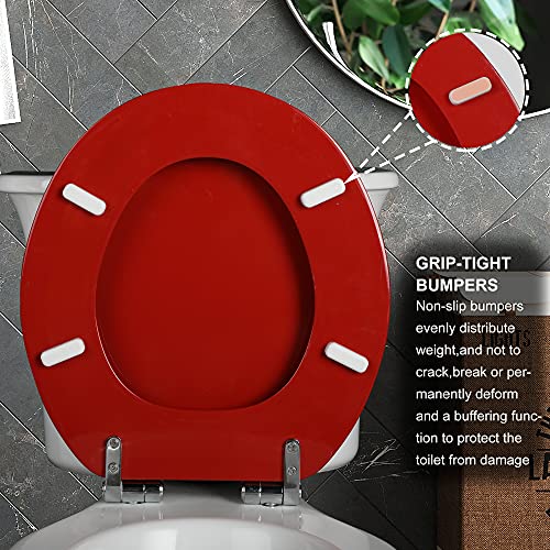 Red Round Toilet Seat Natural Wood Toilet Seat with Zinc Alloy Hinges, Easy to Install also Easy to Clean, Scratch Resistant Toilet Seat by Angol Shiold (Round, Red) - color: Red, size: Round