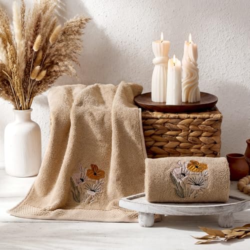 SmoothNovelty 2 Pcs Neutral Boho Floral Hand Towels Light Khaki Bathroom Decor 14x29 Inch Embroidered 100% Cotton Soft Absorbent Spring Summer Decorative Hand Towels for Bathroom Kitchen - style: Neutral Boho Floral