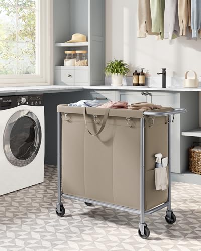 SONGMICS Laundry Basket with Wheels, 3-Section, 52.7 Gallons (199.5 L) | Rolling Laundry Hamper, Removable Liner, Steel Frame with Handle, 35.8 x 15.4 x 31.9 Inches, STEVIE Collection URLS005N01 - color: Camel Brown, size: 200 L (3-Section)