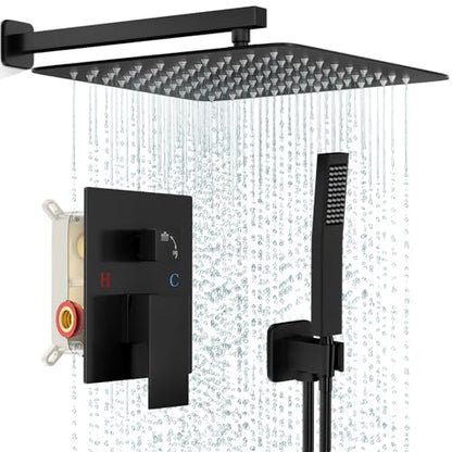 FPXRNG Shower Faucet Set with 16 Inch Matte Black Rain Shower Head | Pressure Balance Shower Valve and Trim Kit, SUS304 Square Shower Head and Handle Set, All Metal, Wall Mounted Shower Fixtures - color: Black, size: 16 Inch Wall Mount Shower Head
