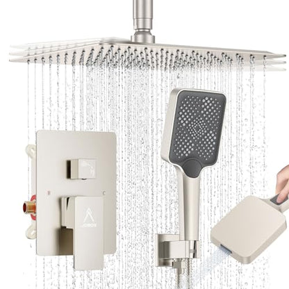 Rain Shower System 12IN Modern Brass Faucet Set With Valve and Diverter Shower Mixer With Handheld High Pressure Square Rainfall Shower Valve (12'' Ceiling Mount, Brushed Nickel) - color: Brushed Nickel, style: 12'' Ceiling Mount