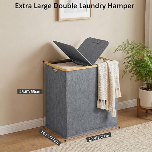 efluky Laundry Hamper with Lid, Double Laundry Basket with 2 Removable Bags, 2 Section Laundry Bin with Bamboo Handles for Bathroom, Bedroom & Laundry Room, 140L (36.9 Gallon) Blue Grey - color: Blue Grey, size: 140L Dual