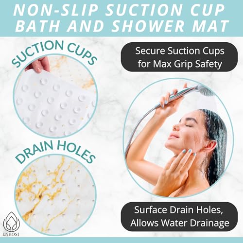 ENKOSI Non-Slip Bath & Shower Mat 40x16 Extra Long, Suction & Drain Holes | Elegant White Gold Marble print; Durable PVC; 40x16 in, White Gold Marble - color: Marble White Gold