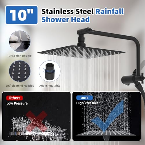 10" Metal Rainfall Shower Head with 10-Mode Handheld, Matte Black | NSF/ANSI/CAN 372 Certified, High Pressure Showerhead Combo with 11" Adjustable Shower Arm, 71" Hose, Shower Head Holder - color: Matte Black, style: Square 10"