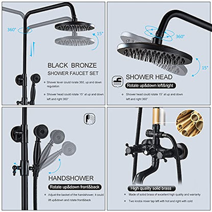 NeierThodore Oil Rubbed Bronze Shower Faucet Set Complete Shower System 8 Rain Shower 2 Cross Knobs Wall Mounted Mixer Bathroom Shower Tub Tap Bathroom Fixtures Wall Mount - color: Oil Rubbed Bronze, size: 8 Inch 3 Modes