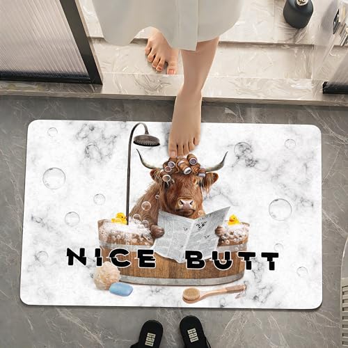 SolAzul Highland Cow Leather Diatomaceous Earth Bath Mat,Super Absorbent Diatomite Stone Bath Mat Non Slip Quick Dry Thin Bathroom Floor Mat Rug (16×24 Inch) (COW-01) - color: Cow-01